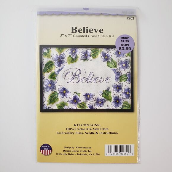 Design Works "Believe" Counted Cross Stitch Kit 5"x7" Pansies Flowers Inspire - Picture 1 of 3